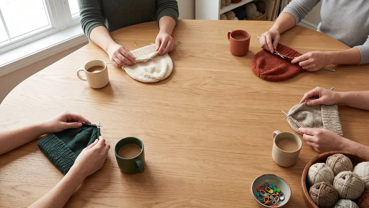 Strikkegruppe samlet rundt et bord med strikketøy og kaffekopper