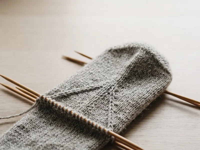 Nærbilde av sokk på fire strømpepinner med opplukkede masker og kilefelling
